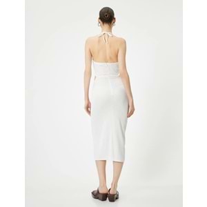 Halter Yaka Elbise Midi Pencere Detaylı Önden Yırtmaçlı Slim Fit - KOTON - 4SAL80022IK - EKRU - S