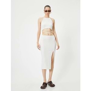 Halter Yaka Elbise Midi Pencere Detaylı Önden Yırtmaçlı Slim Fit - KOTON - 4SAL80022IK - EKRU - S