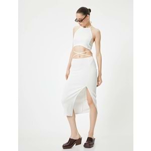 Halter Yaka Elbise Midi Pencere Detaylı Önden Yırtmaçlı Slim Fit - KOTON - 4SAL80022IK - EKRU - S