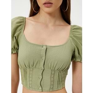 Balon Kol Crop Bluz Dantel Detaylı Düğmeli U Yaka Krinkıl Kumaş - KOTON - 4SAL60016IW - YEŞİL - 36