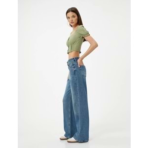 Balon Kol Crop Bluz Dantel Detaylı Düğmeli U Yaka Krinkıl Kumaş - KOTON - 4SAL60016IW - YEŞİL - 36