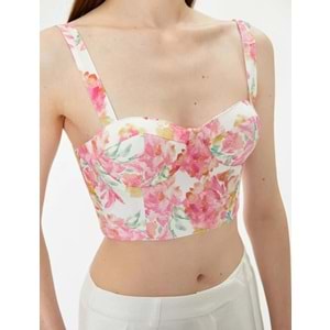 Çiçekli Büstiyer Kalın Askılı Kalp Yaka Slim Fit - KOTON - 4SAK30105EW - PEMBE DESENLİ - 42