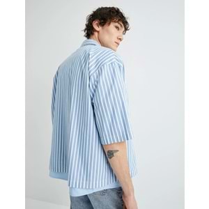 Oversize Gömlek Kısa Kollu Cep Detaylı Klasik Yaka - KOTON - 4SAM60201HW - MAVİ ÇİZGİLİ - XL