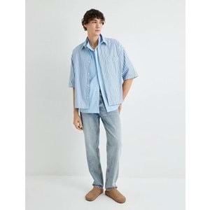 Oversize Gömlek Kısa Kollu Cep Detaylı Klasik Yaka - KOTON - 4SAM60201HW - MAVİ ÇİZGİLİ - XL