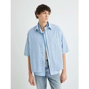 Oversize Gömlek Kısa Kollu Cep Detaylı Klasik Yaka - KOTON - 4SAM60201HW - MAVİ ÇİZGİLİ - XL