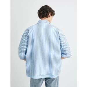 Oversize Gömlek Kısa Kollu Cep Detaylı Klasik Yaka - KOTON - 4SAM60201HW - MAVİ ÇİZGİLİ - XL