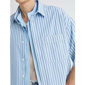 Oversize Gömlek Kısa Kollu Cep Detaylı Klasik Yaka - KOTON - 4SAM60201HW - MAVİ ÇİZGİLİ - XL
