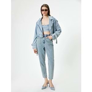 Yüksek Bel Lastikli Kot Pantolon Kısa Paça - Mom Jean - KOTON - 5WAL40022MD - AÇIK İNDİGO - 28/32