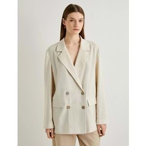 Keten Karışımlı Ceket Oversize Cep Detaylı Kruvaze Düğmeli - KOTON - 4SAK50133PW - BEJ - 42