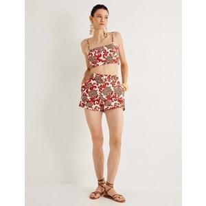 Koton X Melis Ağazat - Çiçekli Mini Şort Yüksek Bel Cepli - KOTON - 4SAK40180EW - TURUNCU DESENLİ - 42