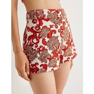 Koton X Melis Ağazat - Çiçekli Mini Şort Yüksek Bel Cepli - KOTON - 4SAK40180EW - TURUNCU DESENLİ - 42