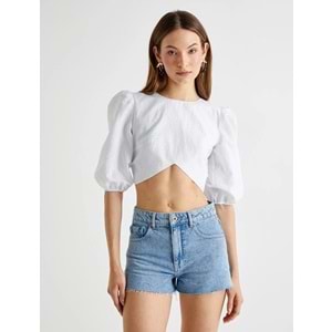 Koton X Tuba Ünsal - Balon Kol Crop Bluz Arkası Pencere Detaylı Fiyonklu - KOTON - 4SAK60491UW - MAVİ ÇİZGİLİ - 38