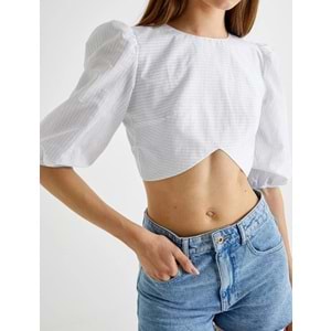 Koton X Tuba Ünsal - Balon Kol Crop Bluz Arkası Pencere Detaylı Fiyonklu - KOTON - 4SAK60491UW - MAVİ ÇİZGİLİ - 38