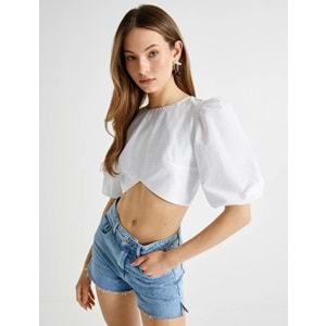 Koton X Tuba Ünsal - Balon Kol Crop Bluz Arkası Pencere Detaylı Fiyonklu - KOTON - 4SAK60491UW - MAVİ ÇİZGİLİ - 38