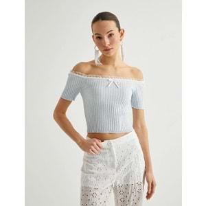 Koton X Sibil Çetinkaya - Omzu Açık Bluz Fiyonk ve Dantel Detaylı İnce Triko - KOTON - 4SAK90191HT - MAVİ ÇİZGİLİ - XL