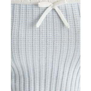 Koton X Sibil Çetinkaya - Omzu Açık Bluz Fiyonk ve Dantel Detaylı İnce Triko - KOTON - 4SAK90191HT - MAVİ ÇİZGİLİ - XL