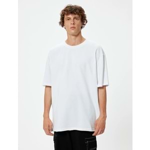 Erkek Giyim Oversize Tişört Kısa Kollu Bisiklet Yaka Pamuklu - KOTON - 5WAM10053HK - BEYAZ - L