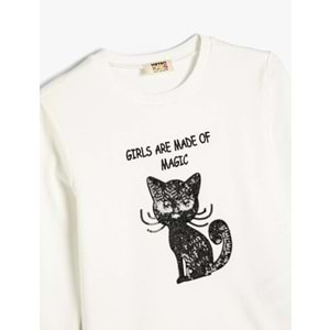 Kız Çocuk Giyim Sweatshirt Kedi Baskılı Bisiklet Yaka Uzun Kollu Pamuklu 5WKG10341AK