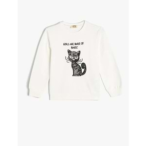 Kız Çocuk Giyim Sweatshirt Kedi Baskılı Bisiklet Yaka Uzun Kollu Pamuklu 5WKG10341AK