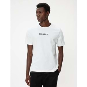 Bisiklet Yaka Tişört Slogan Baskılı Kısa Kollu Biyeli Pamuklu - 4SAM10919HK - S