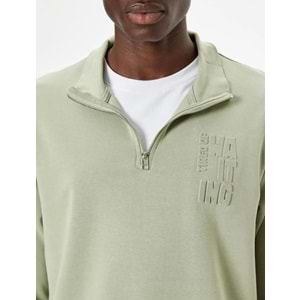 Slogan Baskılı Sweatshirt Fermuarlı Yaka Pamuklu - KOTON - 5WAM70093MK - YEŞİL - XL