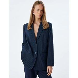 Blazer Ceket Kruvaze Ters Yaka Düğmeli Cepli - KOTON - 5WAK50025PW - LACİVERT ÇİZGİLİ - 32