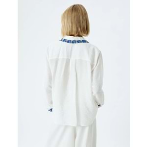 Viskon Gömlek Renk Kontrastlı Uzun Kollu TENCEL™ Kumaş - KOTON - 5WAK60056PW - KIRIK BEYAZ - 32