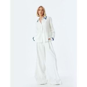 Viskon Gömlek Renk Kontrastlı Uzun Kollu TENCEL™ Kumaş - KOTON - 5WAK60056PW - KIRIK BEYAZ - 34