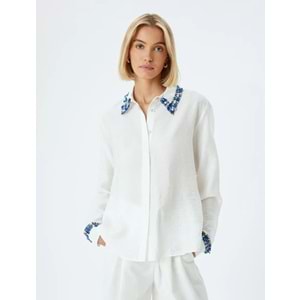Viskon Gömlek Renk Kontrastlı Uzun Kollu TENCEL™ Kumaş - KOTON - 5WAK60056PW - KIRIK BEYAZ - 34