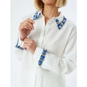 Viskon Gömlek Renk Kontrastlı Uzun Kollu TENCEL™ Kumaş - KOTON - 5WAK60056PW - KIRIK BEYAZ - 34