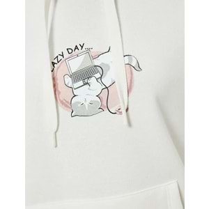 Oversize Kapüşonlu Sweatshirt Kanguru Cep Detaylı Baskılı Şardonlu - KOTON - 5WAL10029IK - EKRU - XL