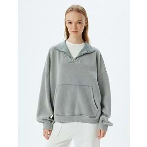 Oversize Sweatshirt Yarım Fermuarlı Kanguru Cepli Yıkamalı Dik Yaka 5WAL10130IK