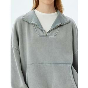 Oversize Sweatshirt Yarım Fermuarlı Kanguru Cepli Yıkamalı Dik Yaka 5WAL10130IK