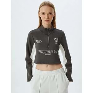 Crop Sweatshirt Yarım Fermuarlı Slogan Baskılı Dik Yaka Şardonlu - KOTON - 5WAL10173IK - GRİ - XS