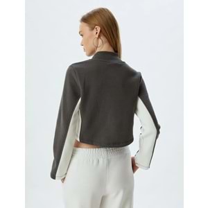 Crop Sweatshirt Yarım Fermuarlı Slogan Baskılı Dik Yaka Şardonlu - KOTON - 5WAL10173IK - GRİ - XS