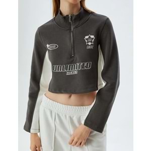 Crop Sweatshirt Yarım Fermuarlı Slogan Baskılı Dik Yaka Şardonlu - KOTON - 5WAL10173IK - GRİ - XS