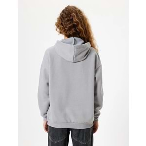 Oversize Kapüşonlu Sweatshirt Ayı Baskılı Sloganlı Şardonlu 5WAL10188IK