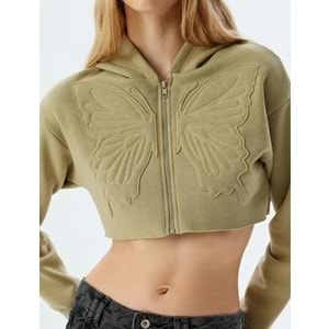 Crop Sweatshirt Fermuarlı Kapüşonlu Kelebek İşlemeli