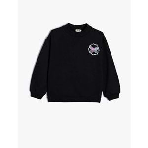 Kız Çocuk Sweatshirt Kelebek Baskılı Bisiklet Yaka Uzun Kollu Şardonlu