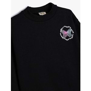 Kız Çocuk Sweatshirt Kelebek Baskılı Bisiklet Yaka Uzun Kollu Şardonlu