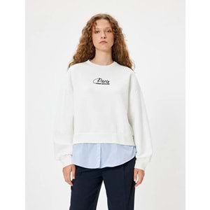 Oversize Sweatshirt Bisiklet Yaka Sloganlı Kumaş Detaylı - KOTON - 5WAL10212IK - EKRU - M