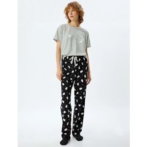 Pijama Takımı Baskılı Kısa Kollu Tişört ve Alt - 5WLK40037MK - S - ST00007448-417945