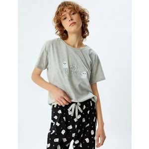 Pijama Takımı Baskılı Kısa Kollu Tişört ve Alt - 5WLK40037MK - S - ST00007448-417945