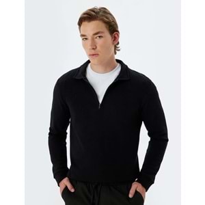 Polo Yaka Sweatshirt Yarım Fermuar - KOTON - 5WAM70068MK - SİYAH - XL