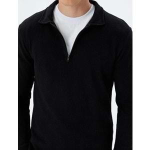 Polo Yaka Sweatshirt Yarım Fermuar - KOTON - 5WAM70068MK - SİYAH - XL