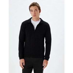 Polo Yaka Sweatshirt Yarım Fermuar - KOTON - 5WAM70068MK - SİYAH - XL