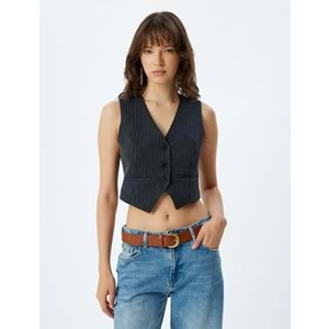 Yelek V Yaka Düğmeli Cepli Regular Fit - KOTON - 5WAK20241EW - LACİVERT ÇİZGİLİ - 40