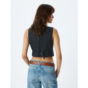 Yelek V Yaka Düğmeli Cepli Regular Fit - KOTON - 5WAK20241EW - LACİVERT ÇİZGİLİ - 40