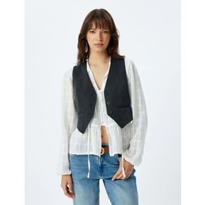 Yelek V Yaka Düğmeli Cepli Regular Fit - KOTON - 5WAK20241EW - LACİVERT ÇİZGİLİ - 40