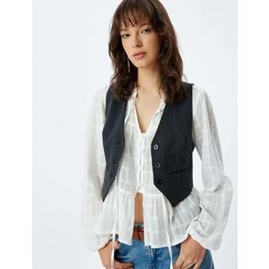 Yelek V Yaka Düğmeli Cepli Regular Fit - KOTON - 5WAK20241EW - LACİVERT ÇİZGİLİ - 40